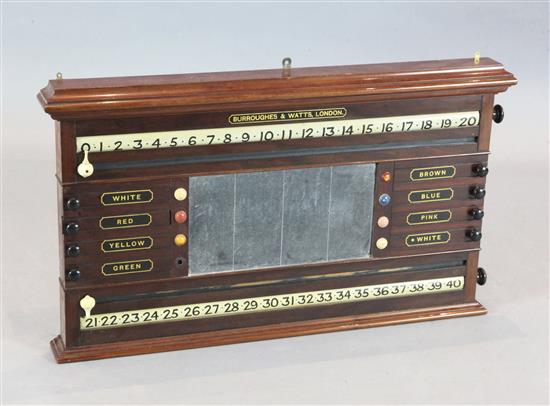 A Burroughes & Watts mahogany snooker and billiards scoreboard, width 35in. height 20.5in.